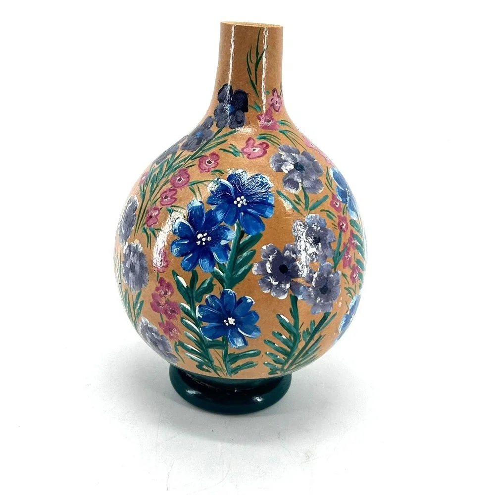 Hand Painted Floral Gourd Folk Art Vase Signed 1998 Blue Pink Flowers